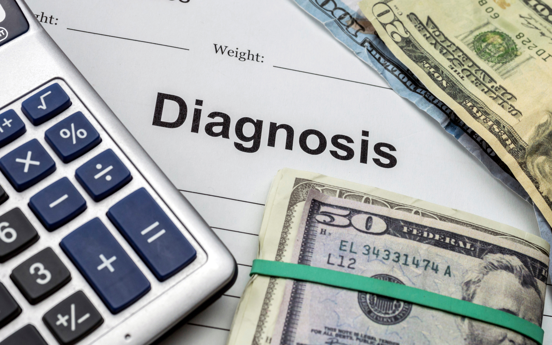 Image for Millions of Long Covid Patients Have to Pay an Average of 9000 A Year. A decorative image of diagnosis paperwork with a calculator and some loose money.,